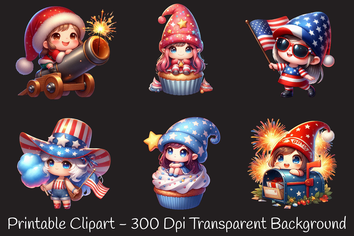 4th of July Cute Chibi Girl Gnome Su, a Seasonal Illustration by RobertsArt (Photo 7 of 7)
