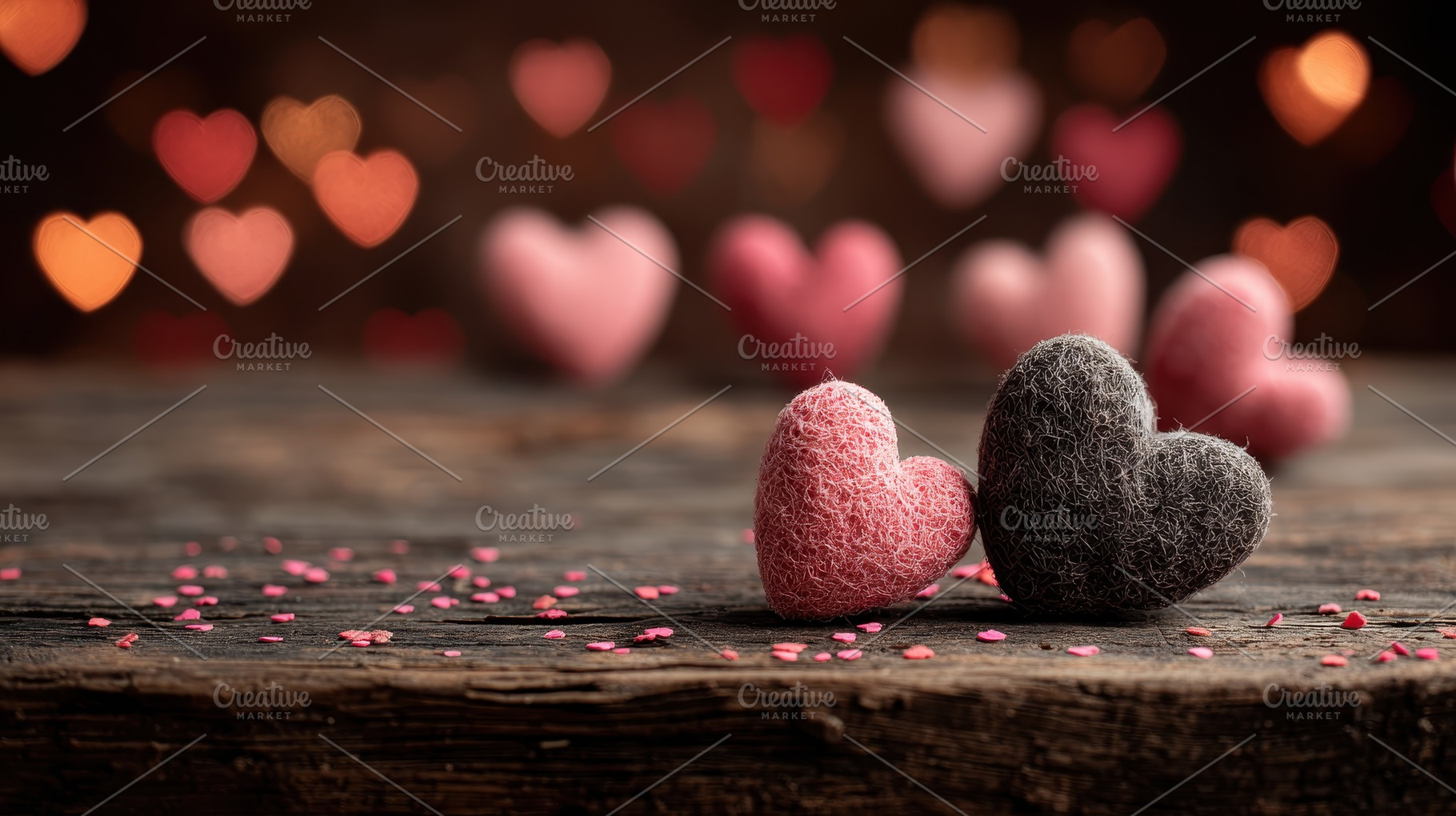Two yarn hearts on wood Valentine's, a Photo by Pixeness Studio