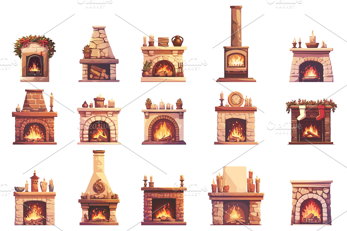 Cartoon set of cozy stone fireplaces, an Object Illustration by LadadikArt