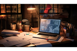 clutter laptop open on desk ai, a Technology Photo by pikepicture