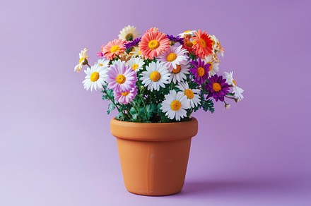 Fresh spring flowers in pot on purple background, a Nature Photo by AlyaAnd