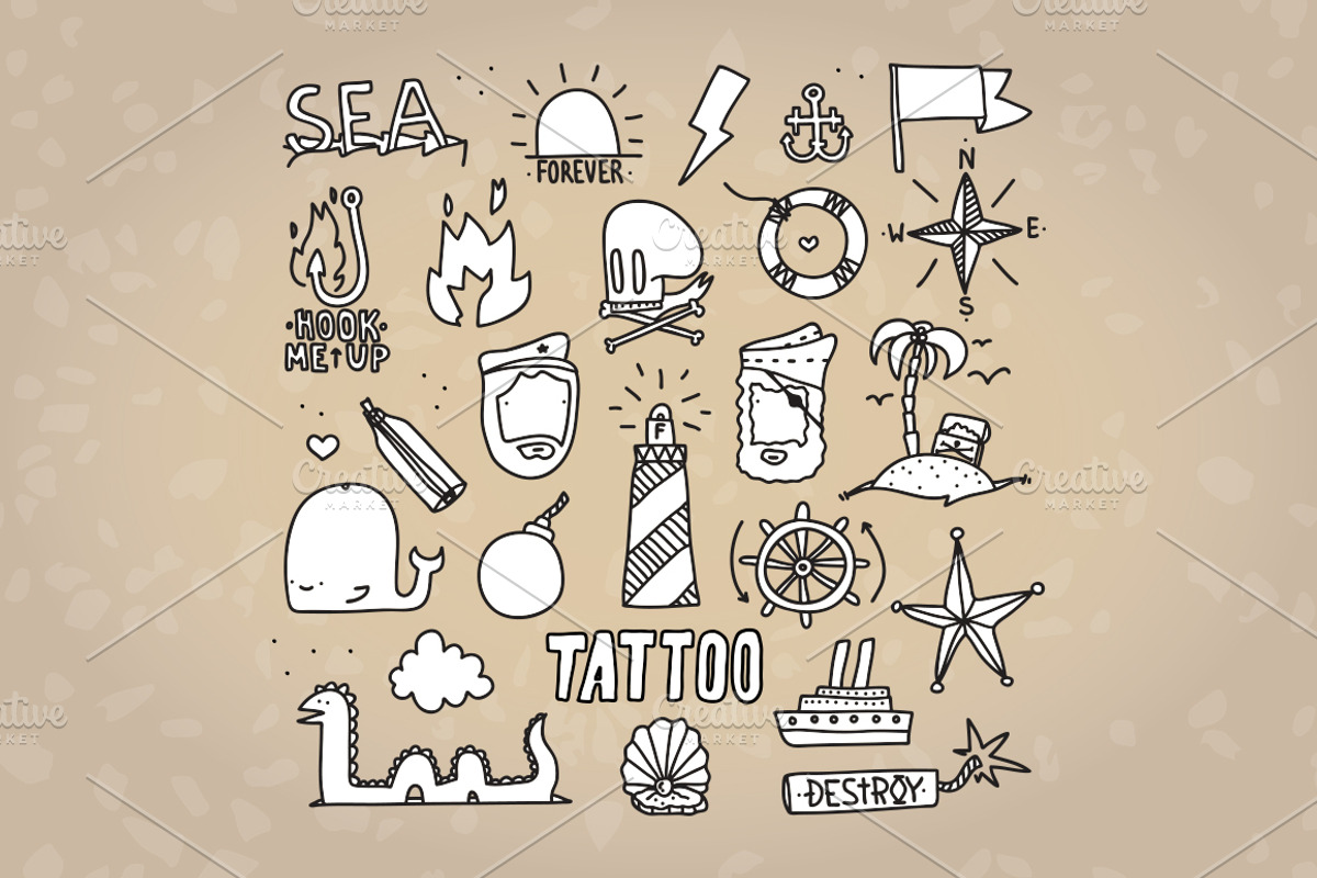 Old school tattoo objects + font preview 3
