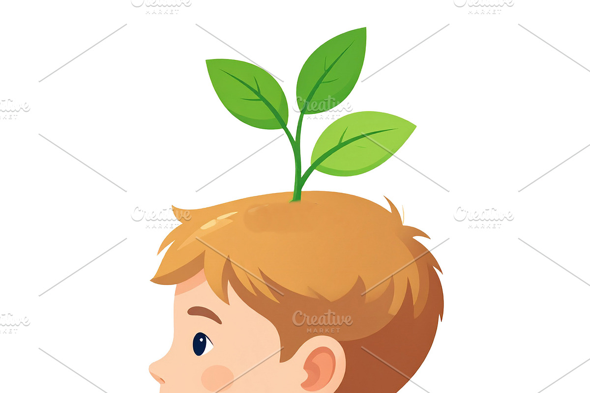 Conceptual illustration showing a plant growing from a childs he, an Education Illustration by DanFLCreativo