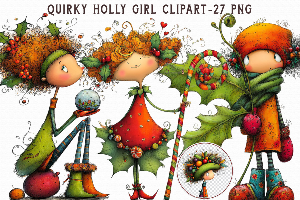 Quirky Holly Girl Clipart, an Illustration by Libby Wishes (Photo 1 of 7)
