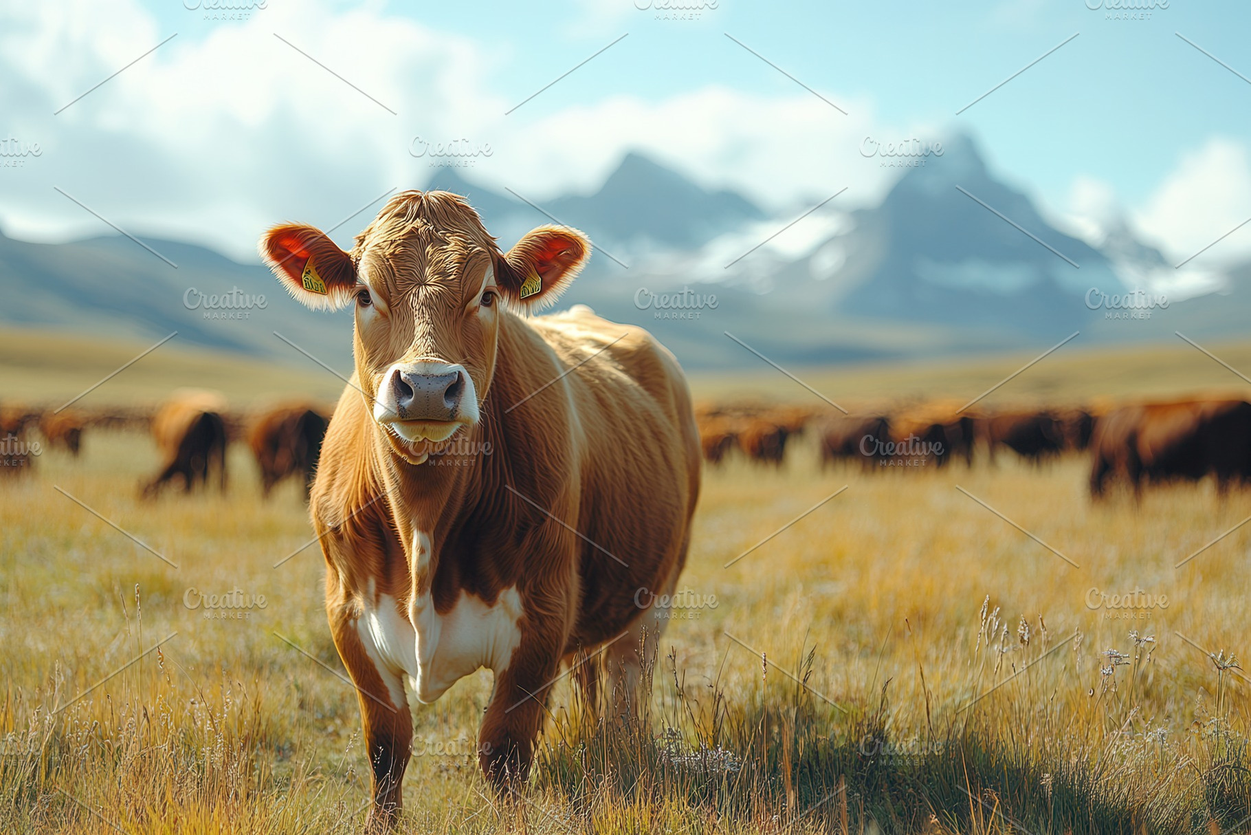 Brown cow standing in grassy field w, a Photo by Tanuart