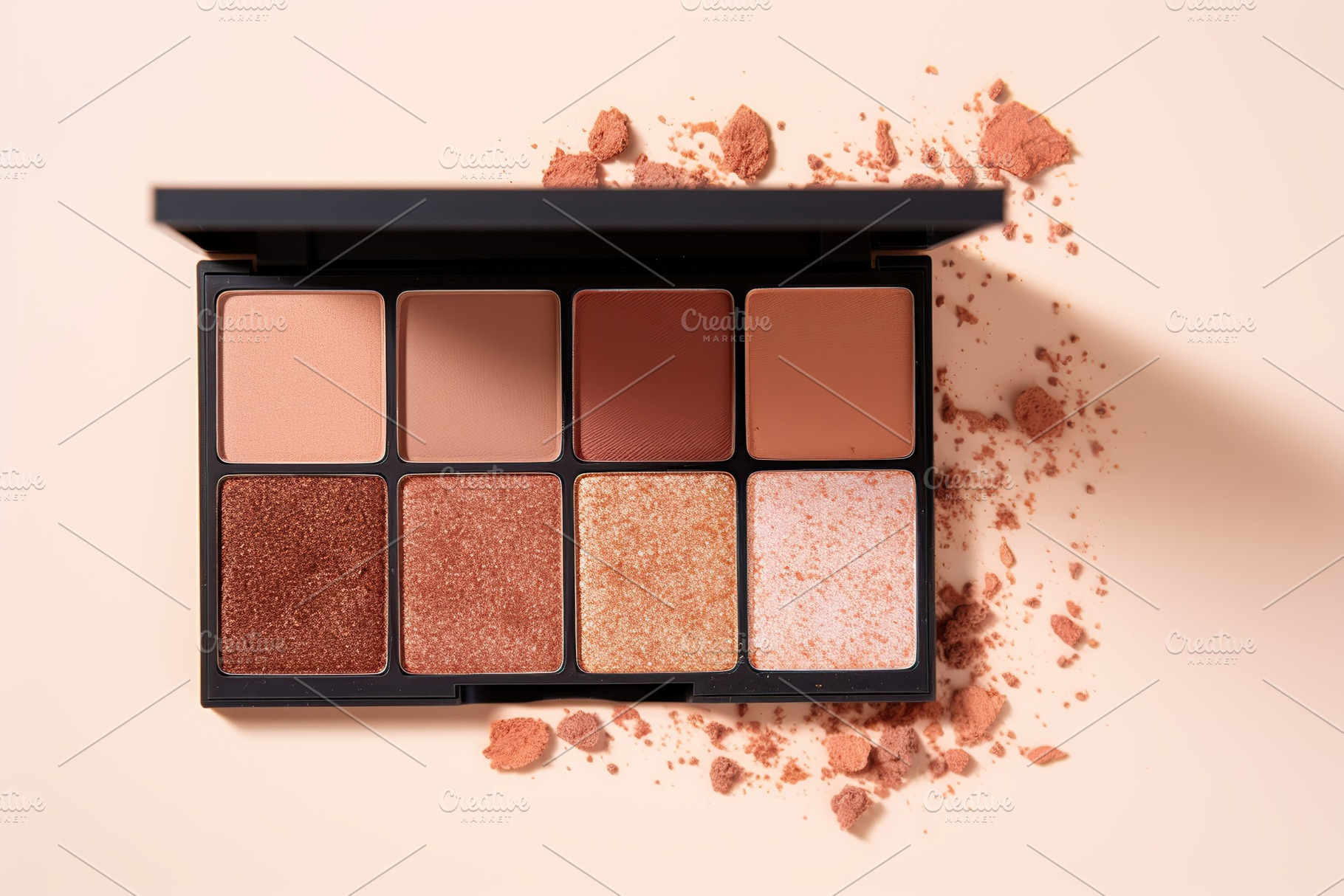 Makeup eyeshadow palette with mirror on beige background. Cosmetic products, a Beauty & Fashion Photo by AlyaAnd