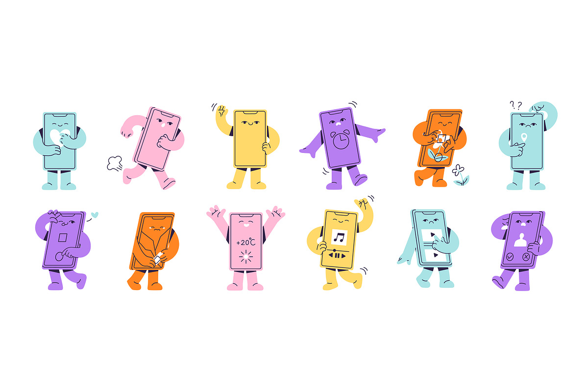 Cute smartphone mascots set, a Technology Illustration by PaperTrident (Photo 1 of 6)