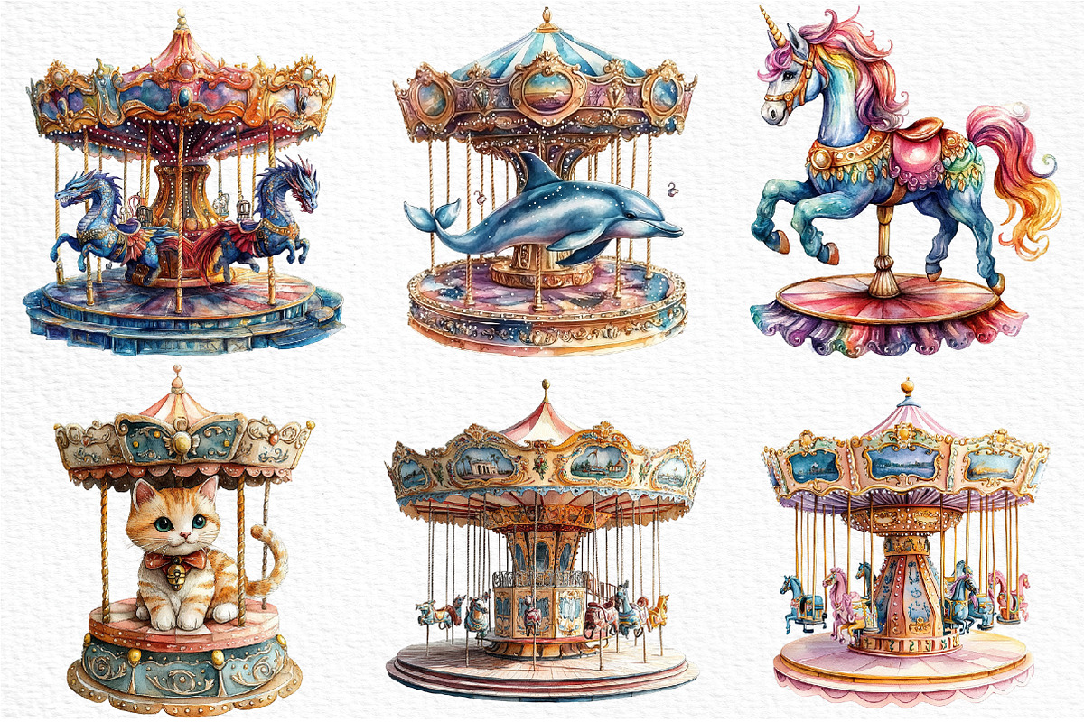 Watercolor Carousel Clipart Bundle, an Illustration by Craft Nest (Photo 4 of 9)