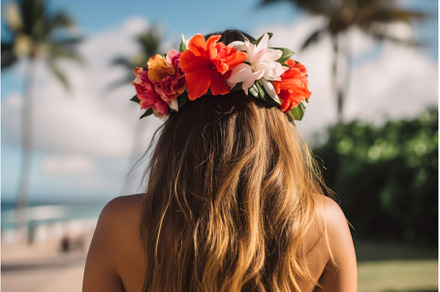 Back view woman hawaii. Generate AI, a Holiday Photo by Ylivdesign