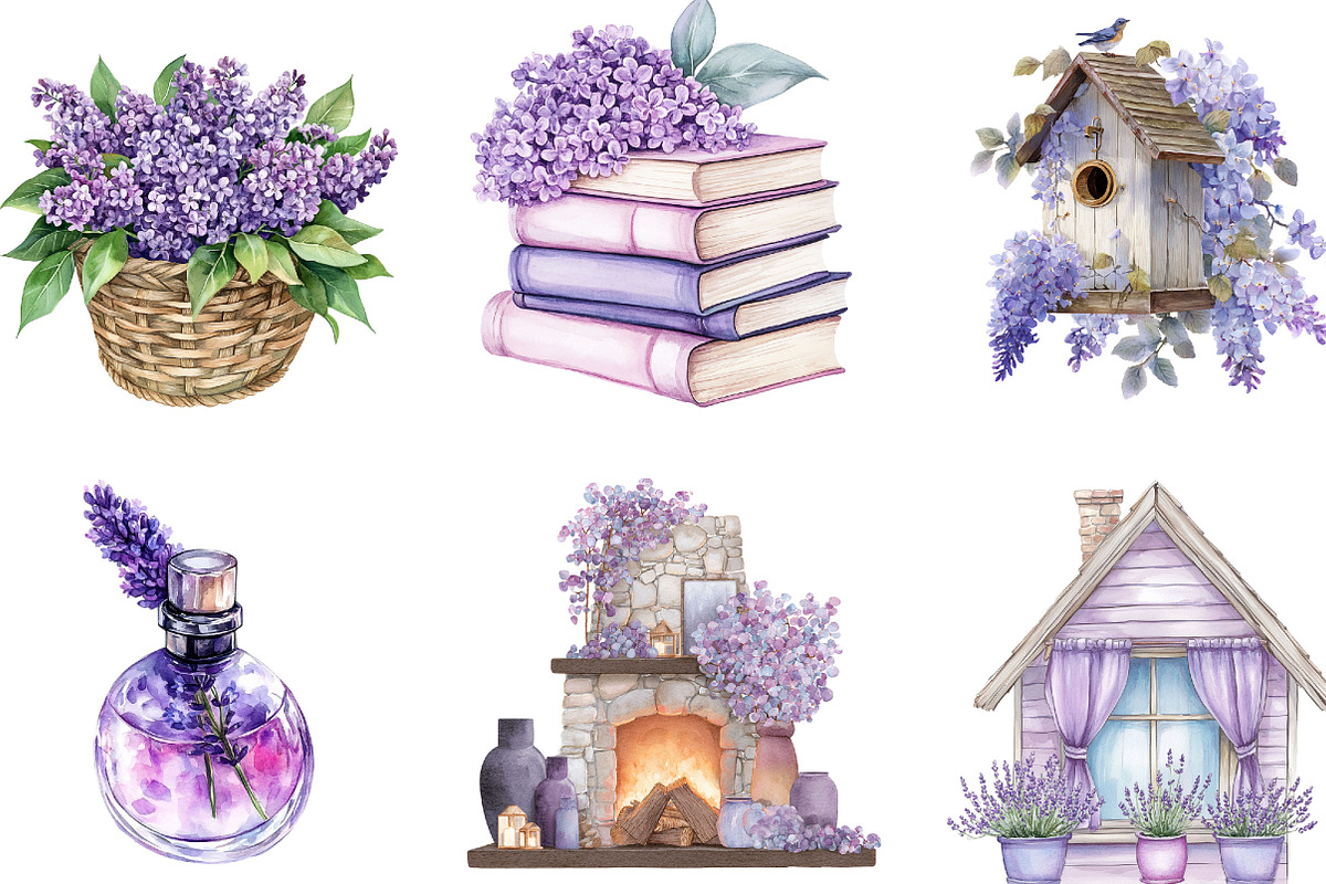 Watercolor Lilac Cottage Life Items, an Illustration by Designking (Photo 5 of 5)