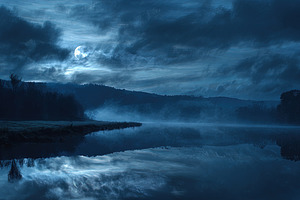 Serene night scene of a calm lake reflecting the full moon, mist, an Animal Photo by Ales Munt