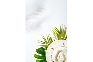 Summer flat lay background with palm