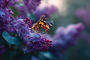 Butterfly gracefully flutters among blooming purple lilacs in the garden, a Nature Photo by AlyaAnd
