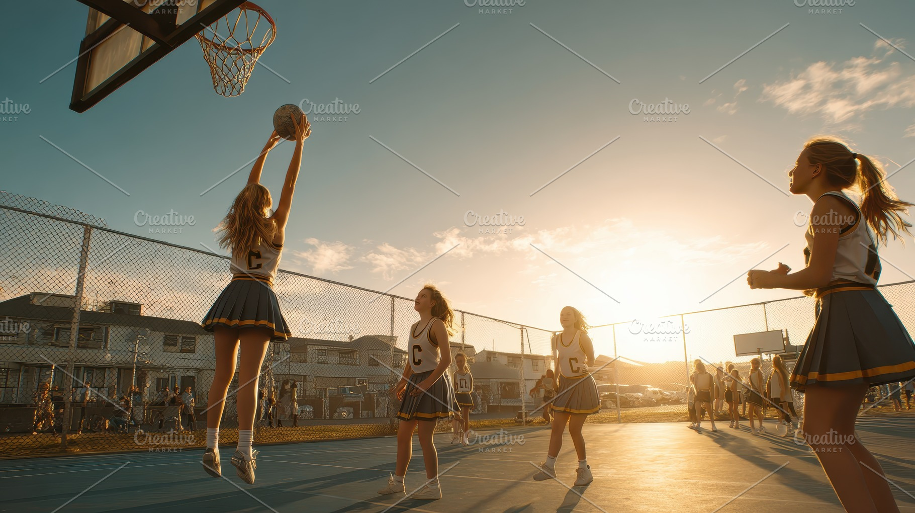 Girls Netball Team Play at Sunset  S, a Photo by Pixeness Studio
