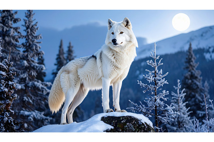 White wolf in snowy forest under