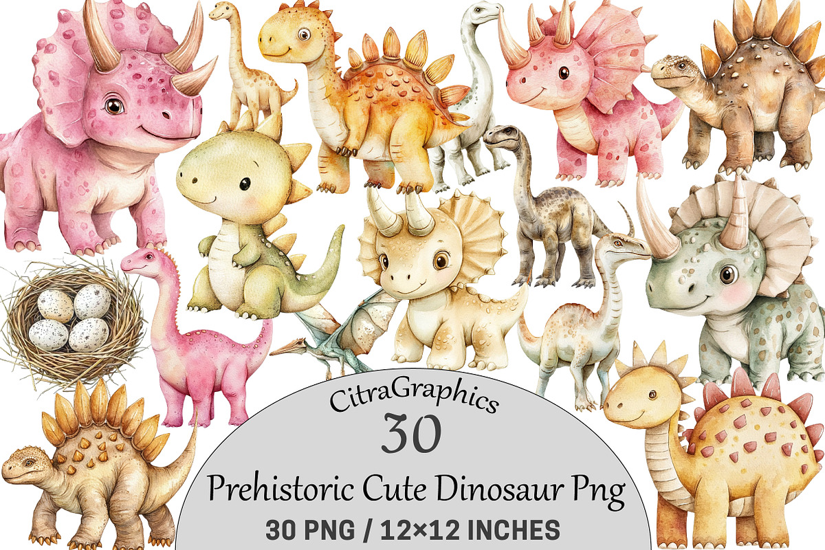 Watercolor Prehistoric Cute Dinosaur, an Illustration by CitraGraphics (Photo 1 of 5)