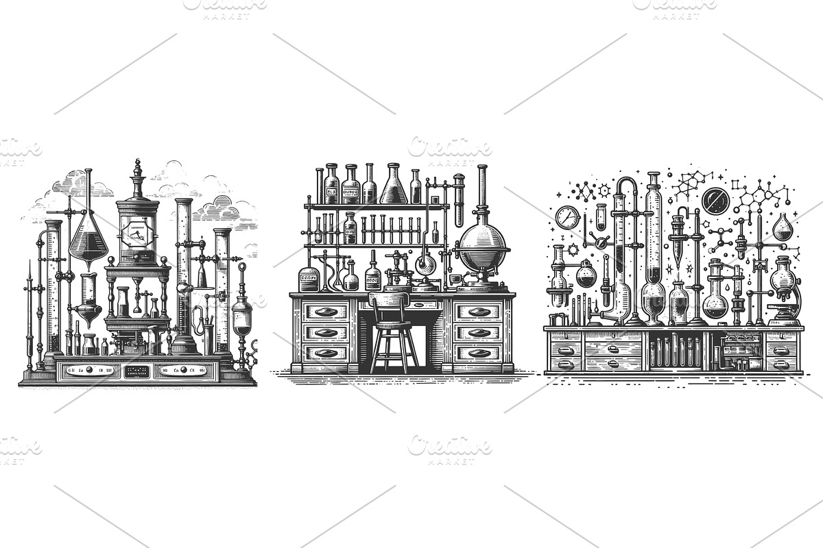 Chemistry Lab engraving set vector, an Illustration by AlexArt