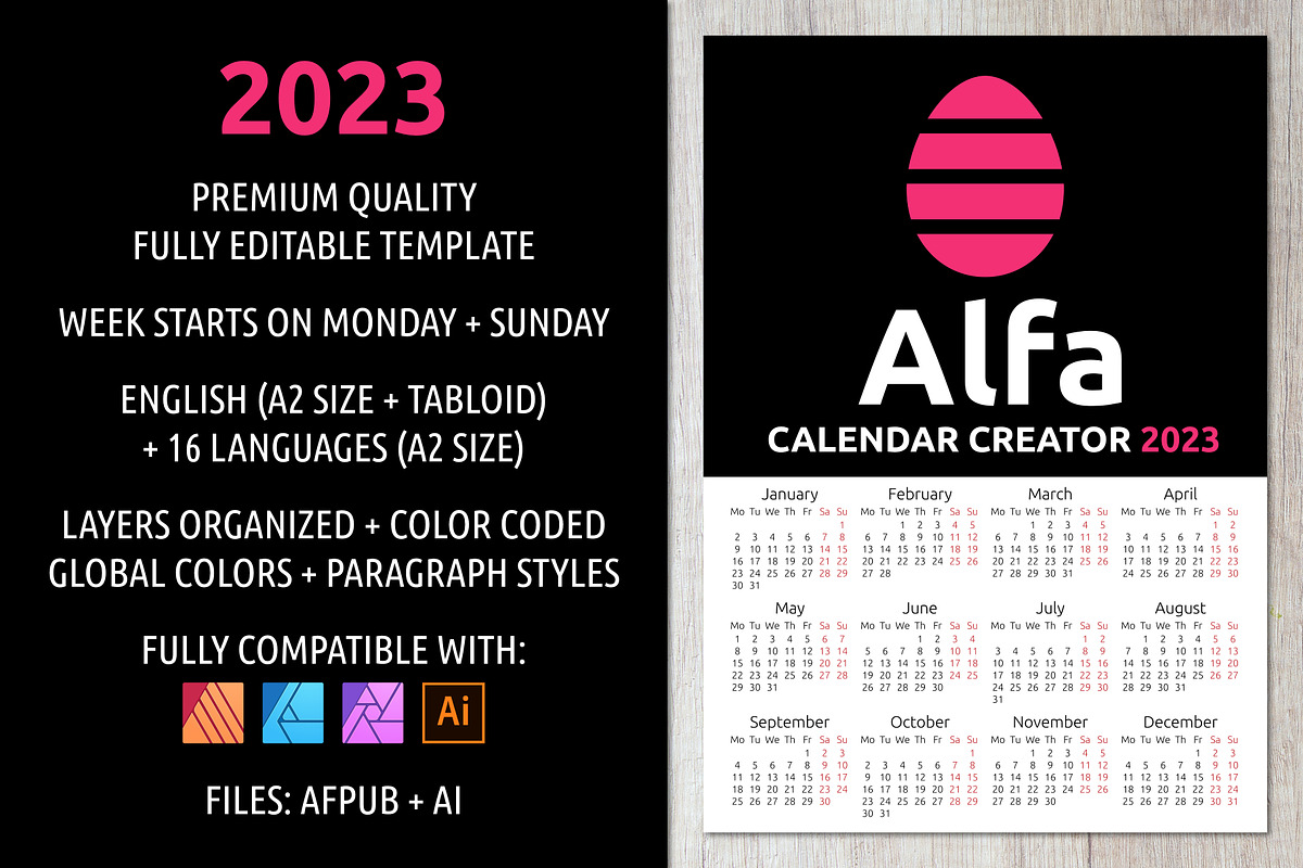 Alfa Calendar Creator 2023, a Stationery Template by inimalGraphic (Photo 1 of 7)
