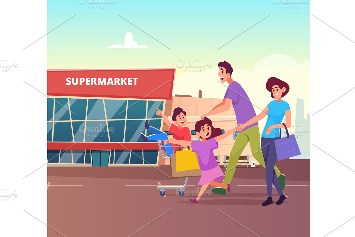 Supermarket. family happy kids with, a Person Illustration by Onyx