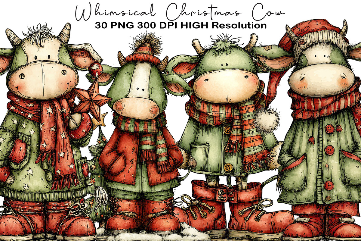 Whimsical Christmas Cow Clipart, an Illustration by Black Bird Studio (Photo 1 of 6)
