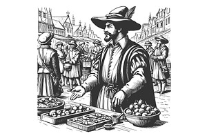 merchant selling food at market, an Illustration by AlexArt