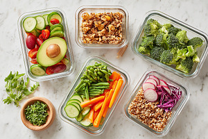 Healthy meal prep containers filled with fresh ingredients on a marble countert, a Food & Drink Photo by AlyaAnd