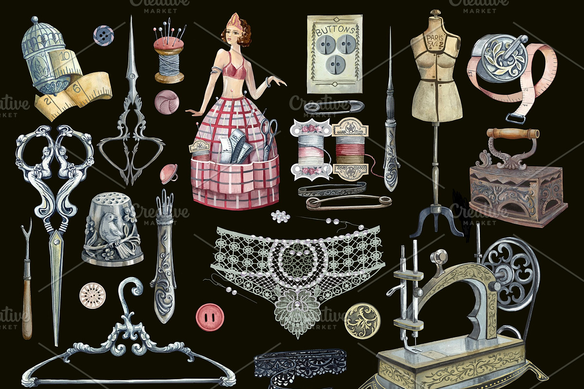 Watercolor vintage sewing kit, an Illustration by AkvarelRiver (Photo 3 of 15)