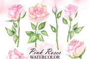 Watercolor pink roses and leaves, an Illustration by OlDm_Shop (Thumbnail 2 of 10)