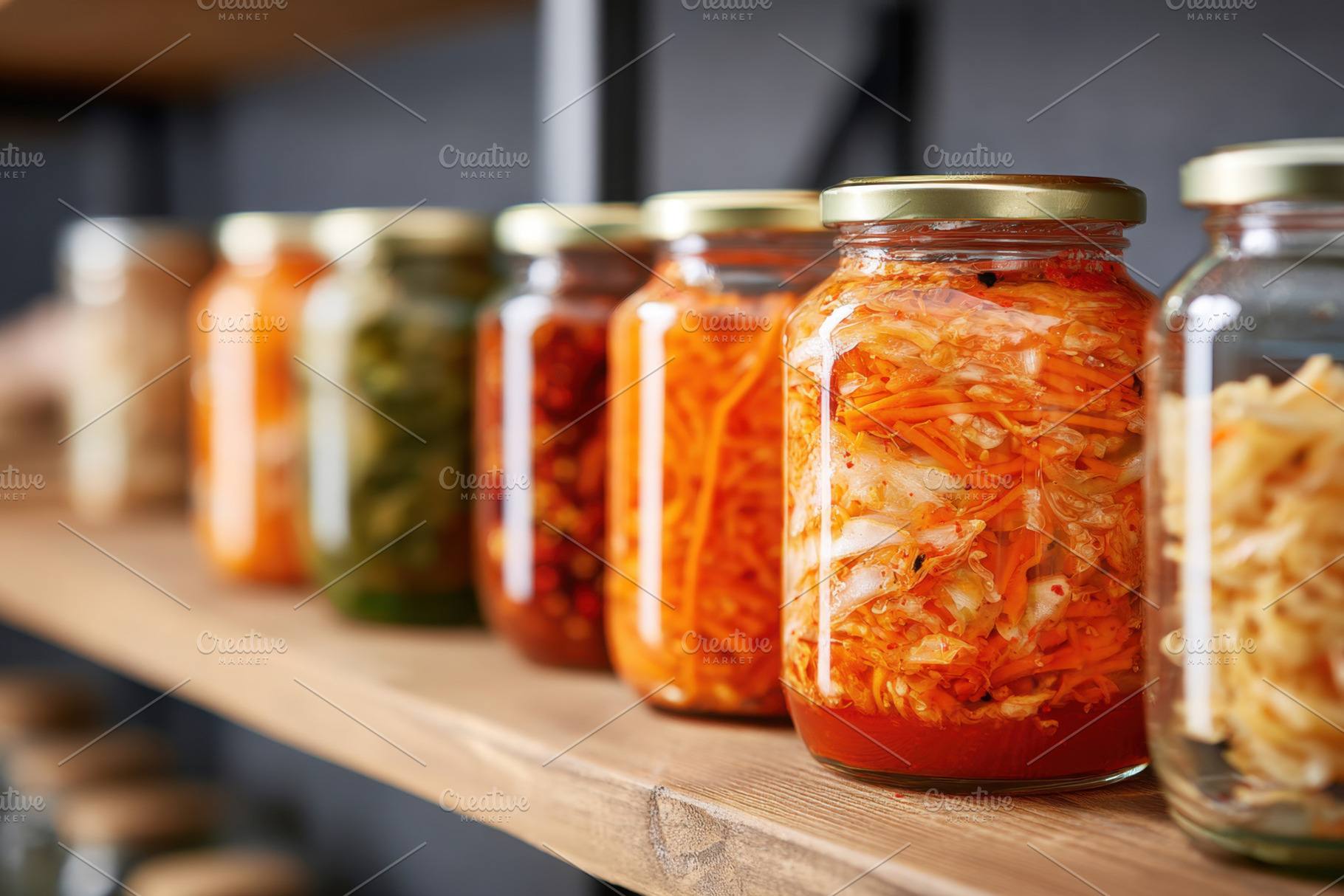 Colorful jars of fermented vegetables on a shelf, a Food & Drink Photo by AlyaAnd