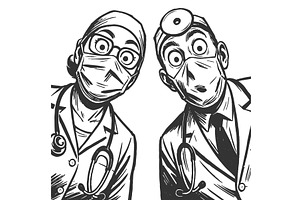 Comic-style doctors looking down in, a Healthcare Illustration by AlexArt
