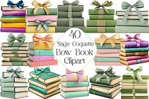 Sage Coquette Bow Book Stack Clipart, an Illustration by DreamPrint404