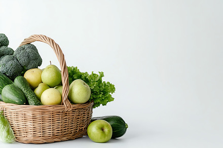 Wicker basket full of different grocery products on white background, a Food & Drink Photo by AlyaAnd