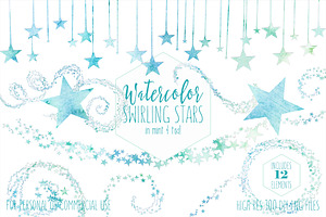 Teal & Mint Watercolor Star Clipart, an Illustration by ClipartBrat Graphics