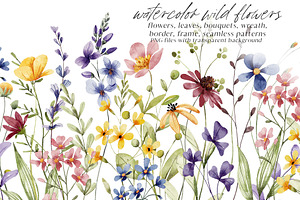 Floral watercolor set, wildflowers.