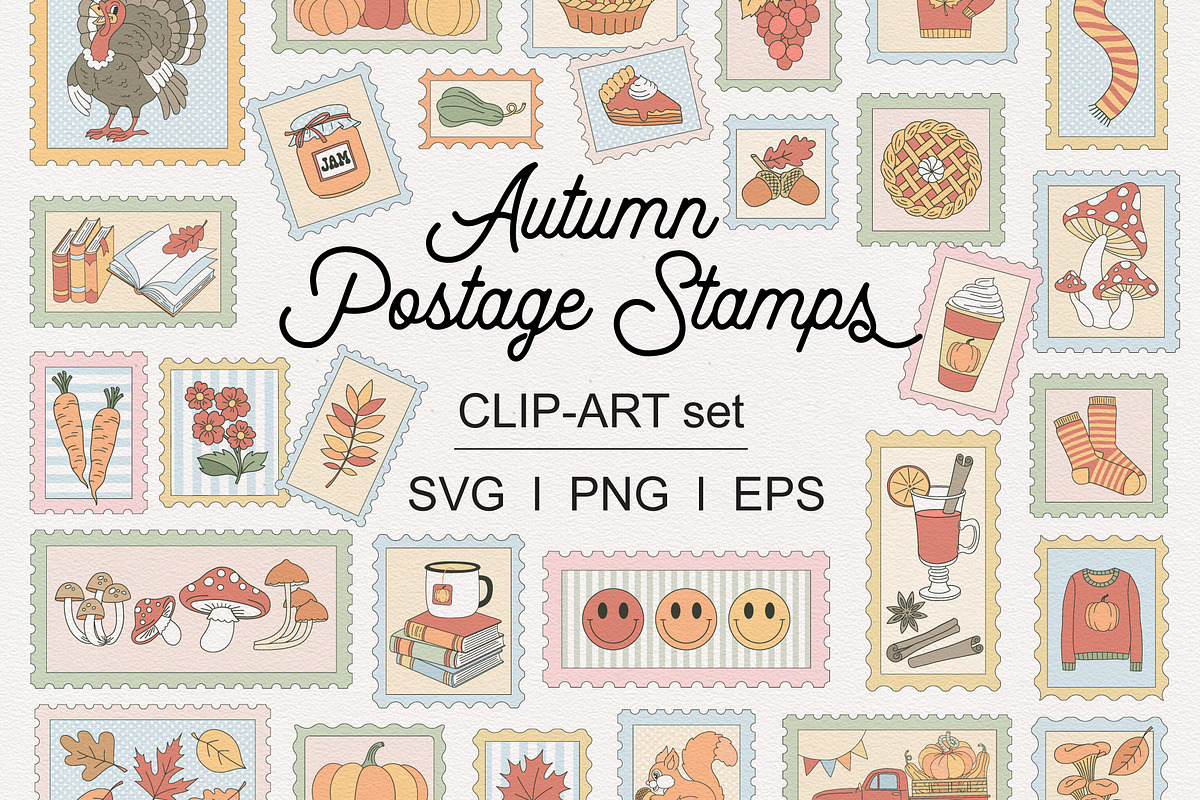 Autumn Postage Stamps clipart set, a Seasonal Illustration by @olga ...