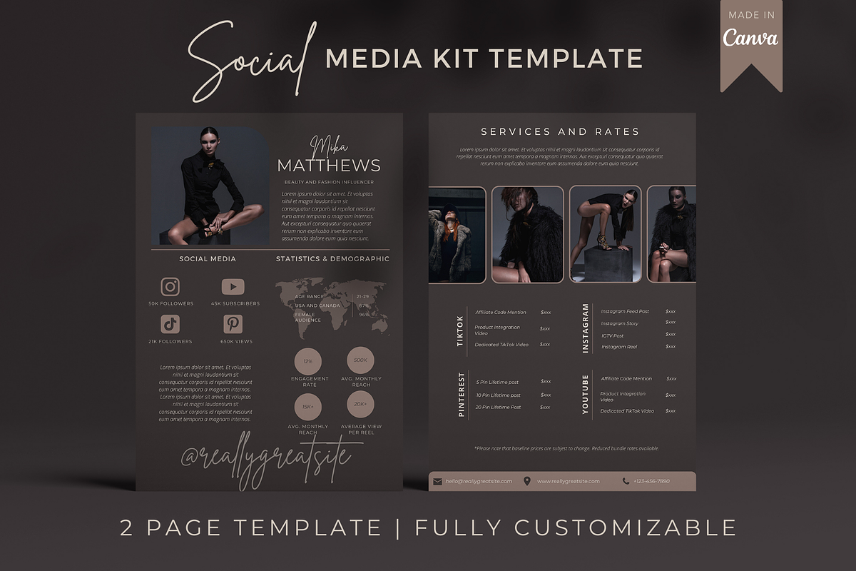4 Page Media Kit Template Dark Theme, a Presentation Template by CoCreatorDesigns (Photo 1 of 10)