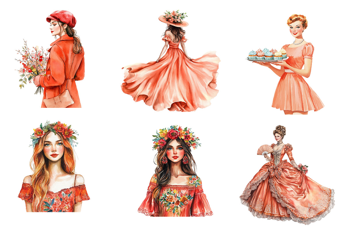 Coral Spring Vintage Woman Clipart, an Illustration by CreationArt (Photo 3 of 5)