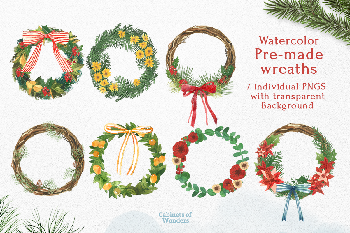 Christmas Wreath Watercolor Clipart, an Illustration by STUDIO CABINET (Photo 6 of 10)