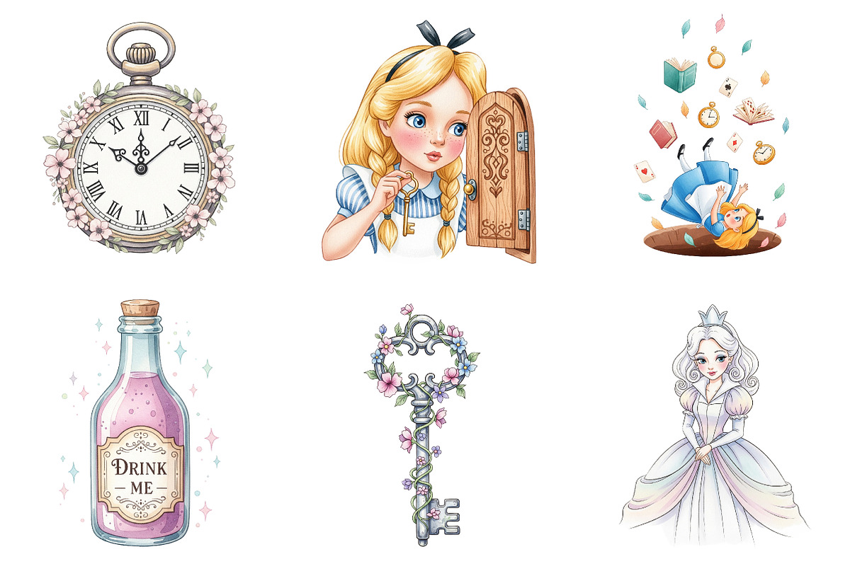 Vintage Alice in Wonderland Clipart, an Illustration by Watercolor design (Photo 3 of 4)