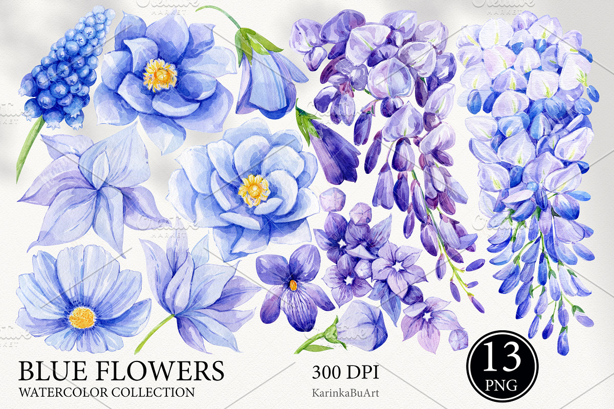 Watercolor Blue floral clipart 13PNG, an Object Graphic by KarinkaBU (Photo 2 of 7)
