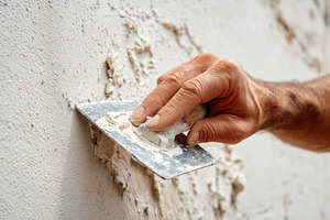 Hand applying plaster to a wall with a trowel, an Industrial Photo by AlyaAnd