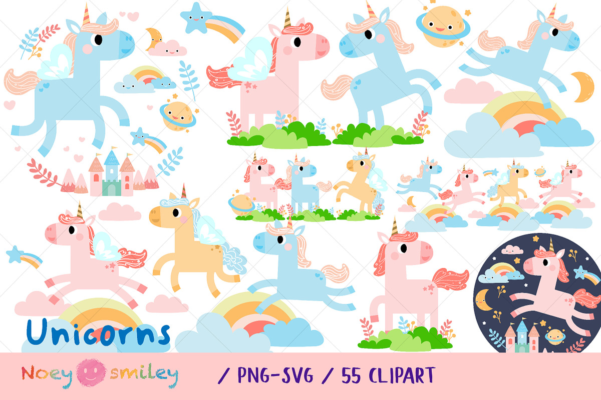 Cute unicorns PNG SVG clipart, an Animal Illustration by Noey smiley (Photo 1 of 9)