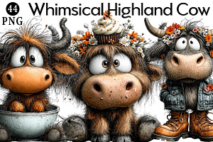 Whimsical Highland Cow Clipart, an Illustration by Daily.Designs