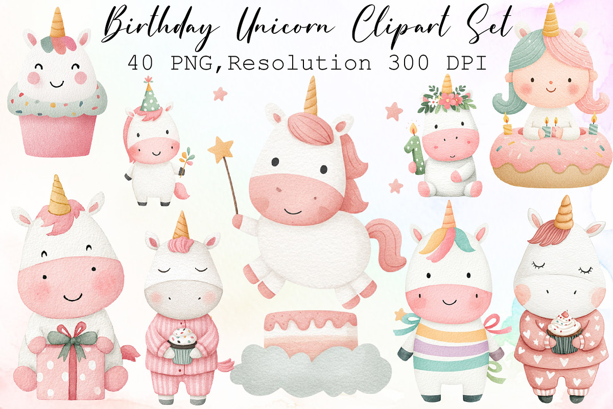 Watercolor Birthday Unicorn Clipart, an Illustration by Sublimation Artist (Photo 1 of 6)