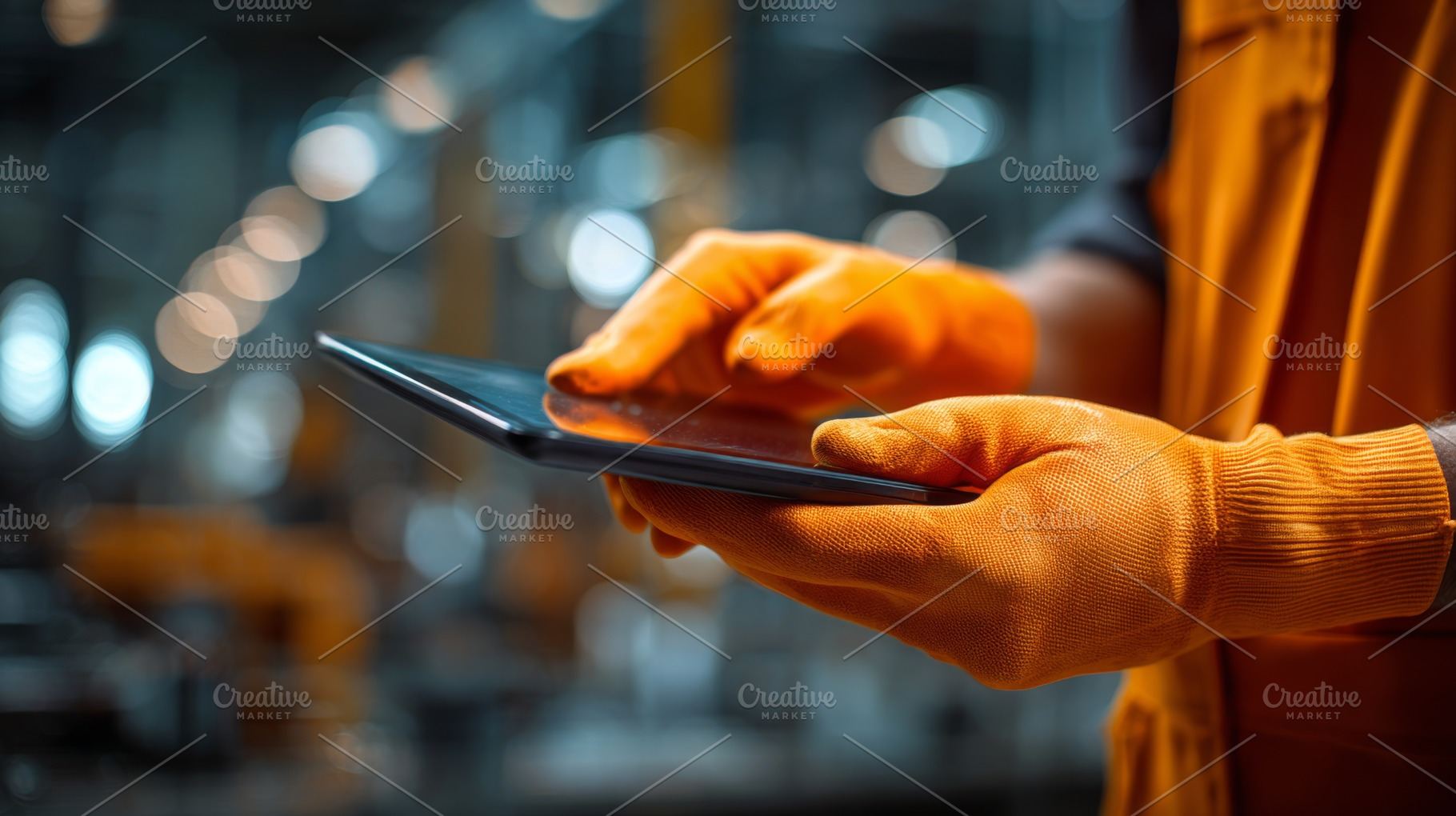 A male factory worker in orange gloves uses a tablet to monitor production., a Business Photo by ImageMir