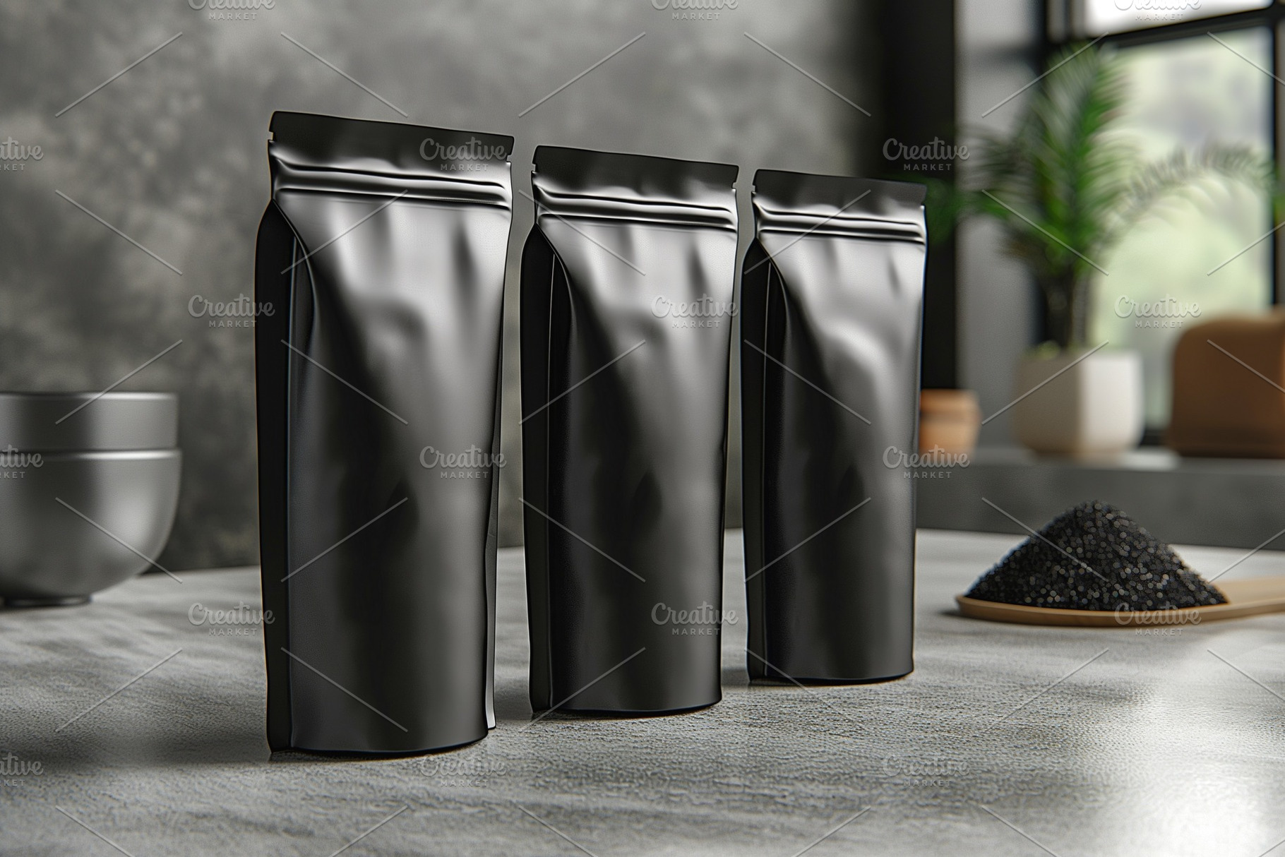 Three sleek black packaging bags lined up on a modern countertop, creating a mi, a Background Photo by ImageMir