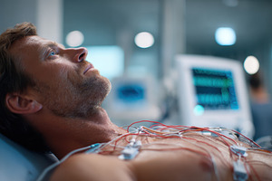 Close-up of medical electrodes on a patient's chest, a Health & Medical Photo by AlyaAnd