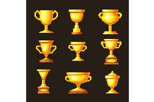 Pixel trophy cups. Retro video game, a Sport Illustration by Stock-Smart-Start