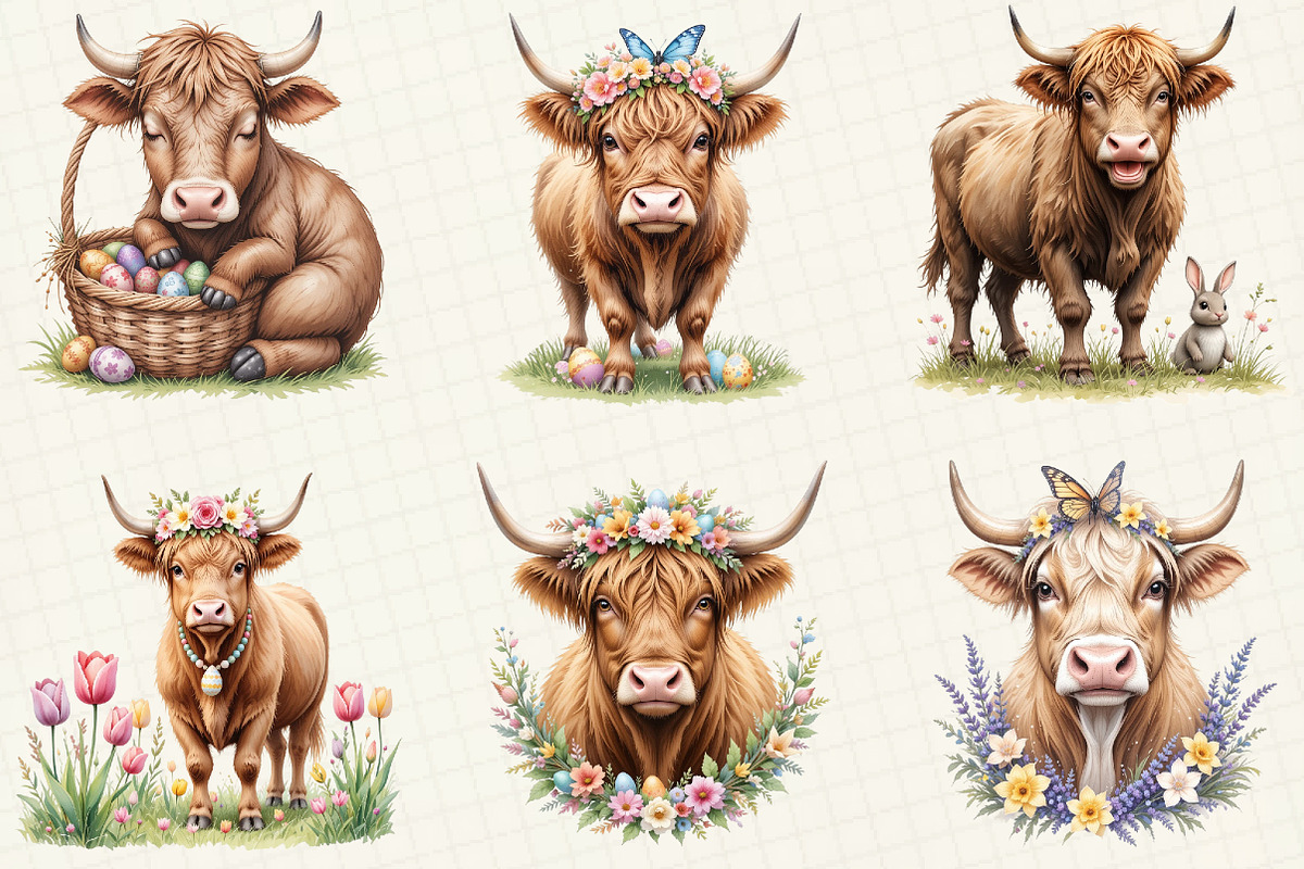 Easter Highland Cow Clipart, an Illustration by OK Design (Photo 5 of 5)