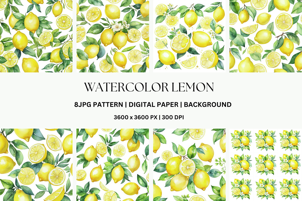8JPG WATERCOLOR LEMON PATTERNS BG, a Pattern Graphic by Vachira Digital Studio (Photo 1 of 2)